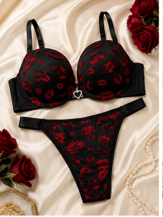 Touché Intimates Midnight Kiss Lingerie Set | Red Lip Print Bra & Thong