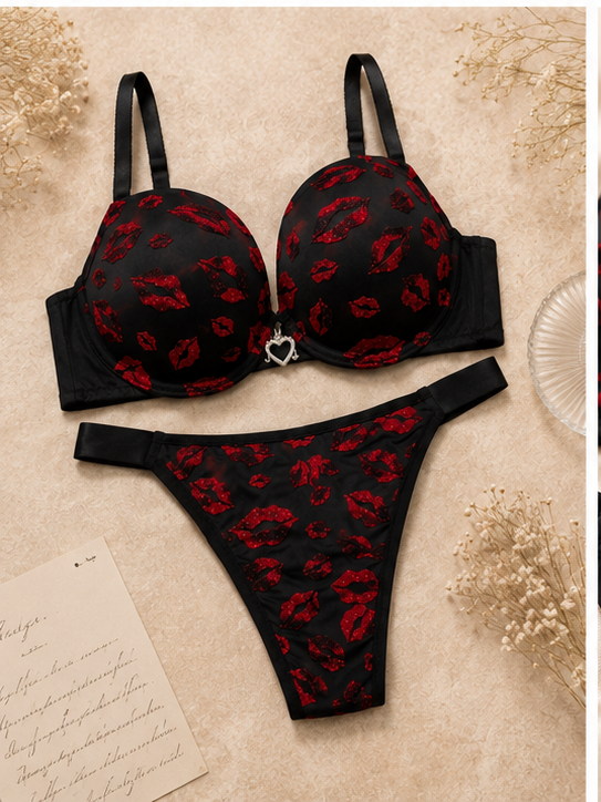 Touché Intimates Midnight Kiss Lingerie Set | Red Lip Print Bra & Thong