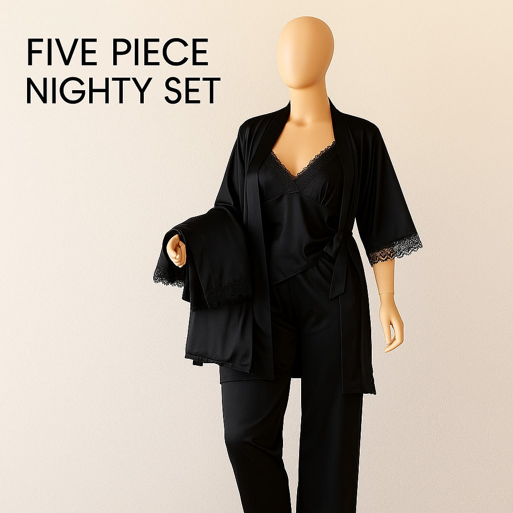 Luxe Satin 5-Piece Pajama Set – Silky, Gift-Ready