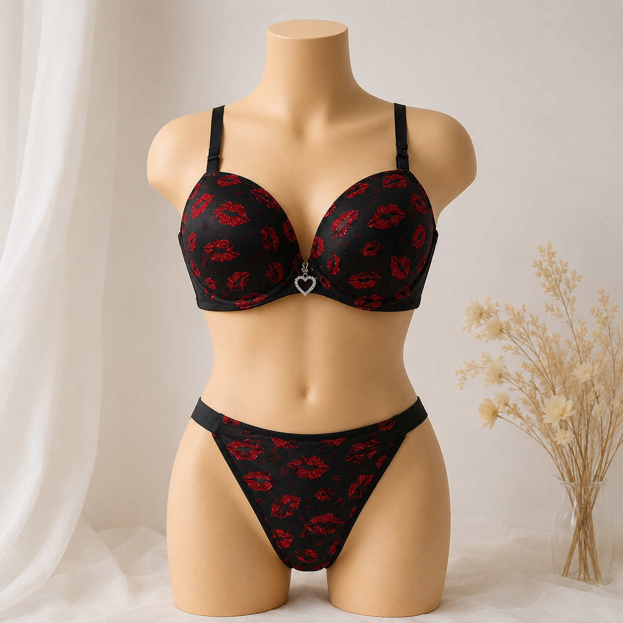 Touché Intimates Midnight Kiss Lingerie Set | Red Lip Print Bra & Thong