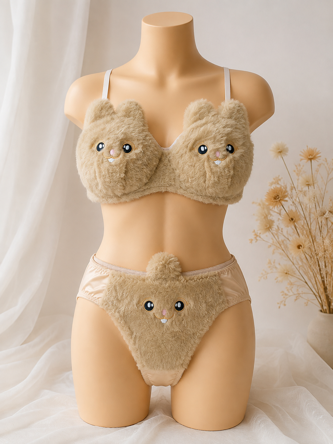 Touché Intimates Bunny Cuddle Plush Lingerie Set | Cute Faux-Fur Bra & Panty