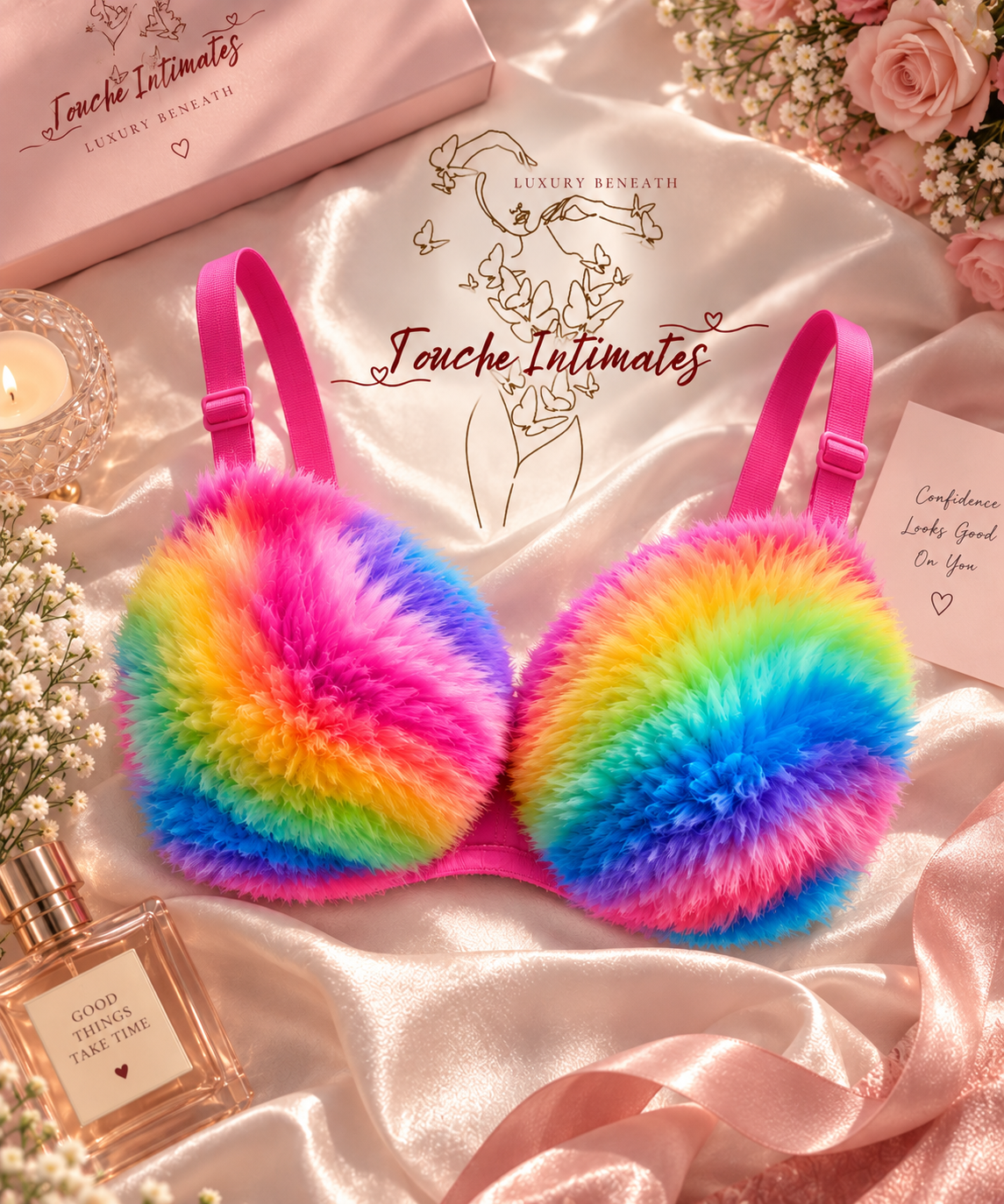 Rainbow lingerie set detail by Touche
Intimates