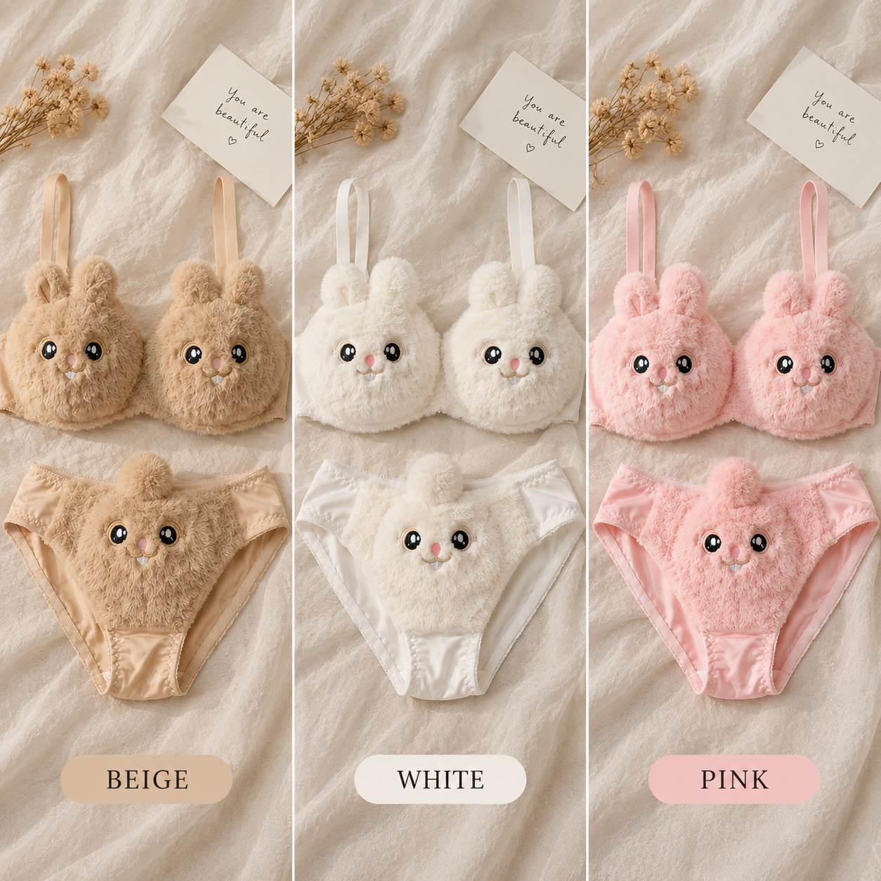 Touché Intimates Bunny Cuddle Plush Lingerie Set | Cute Faux-Fur Bra & Panty