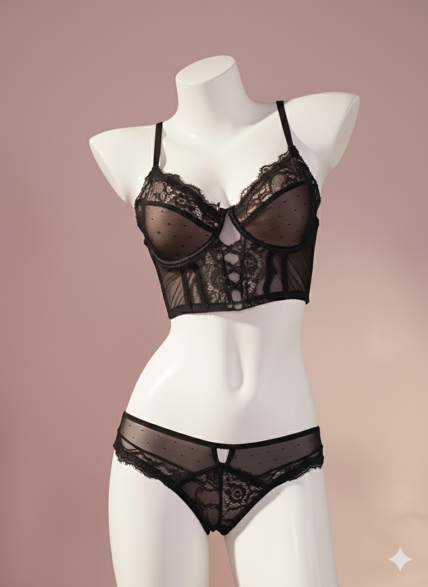 Black Lace Corset Lingerie Set – Wired, Floral Lace