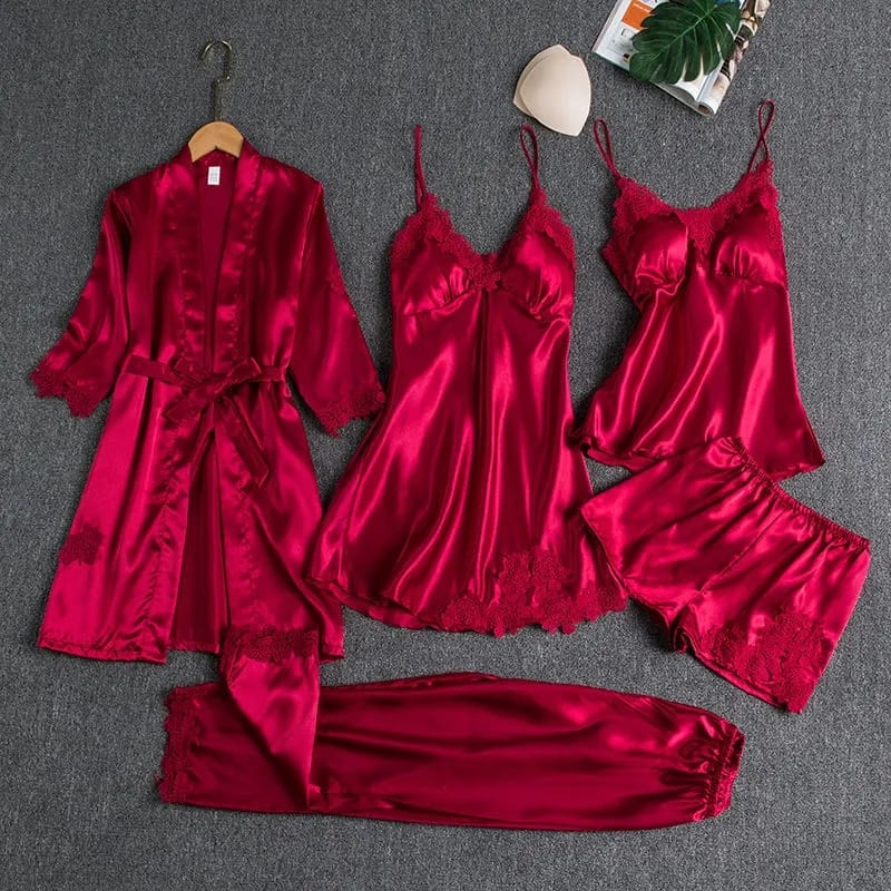 Luxe Satin 5-Piece Pajama Set – Silky, Gift-Ready