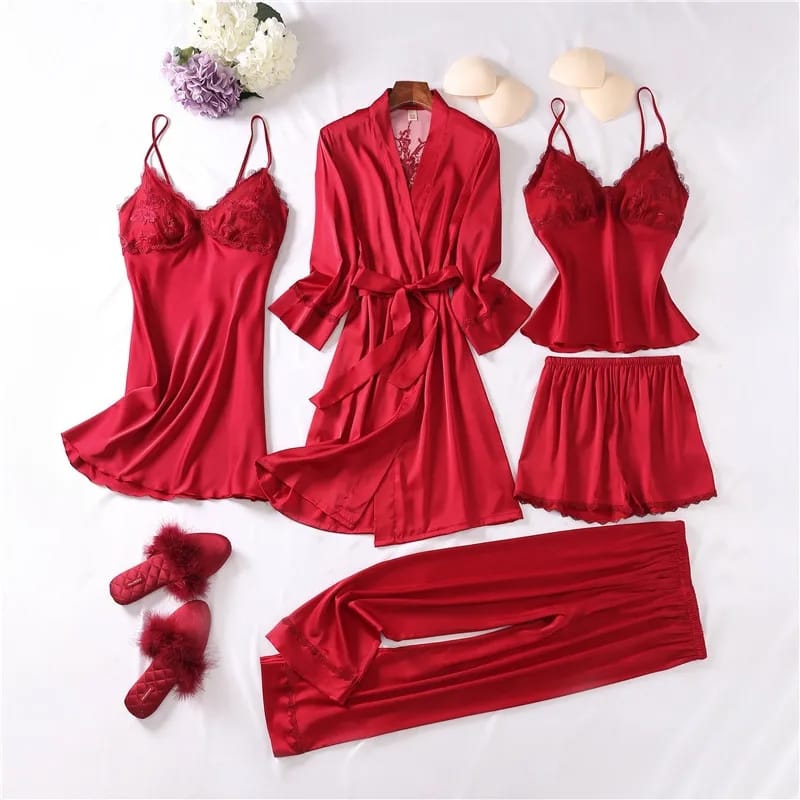 Luxe Satin 5-Piece Pajama Set – Silky, Gift-Ready