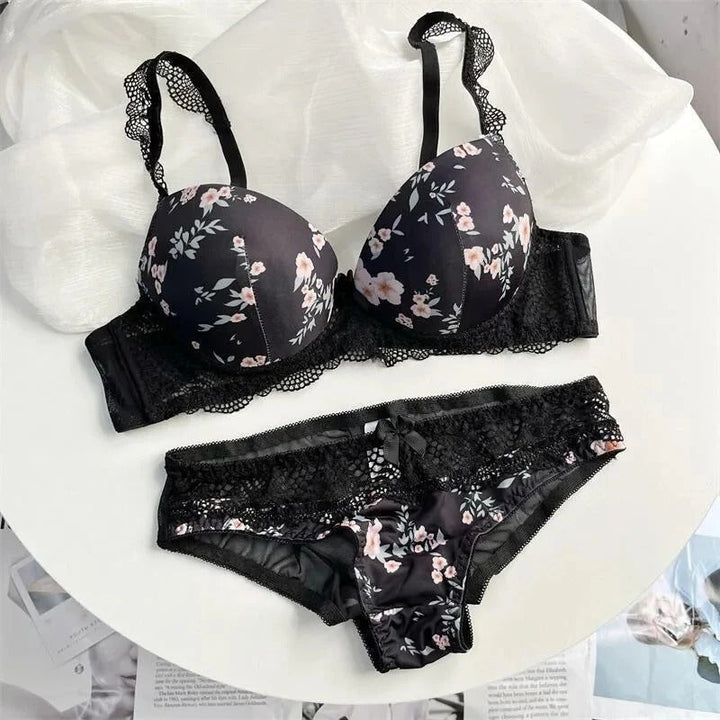 Floral Lace Bra & Panty Set â€“ Padded Push-Up Design with Elegant Embroidery