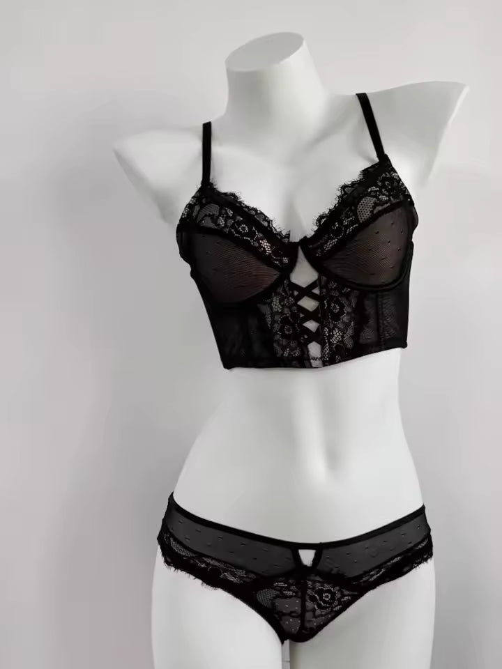 Black Lace Corset Lingerie Set – Wired, Floral Lace